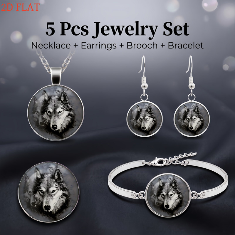5pc Wolf-Themed Women's Jewelry Set, Necklace & Earrings